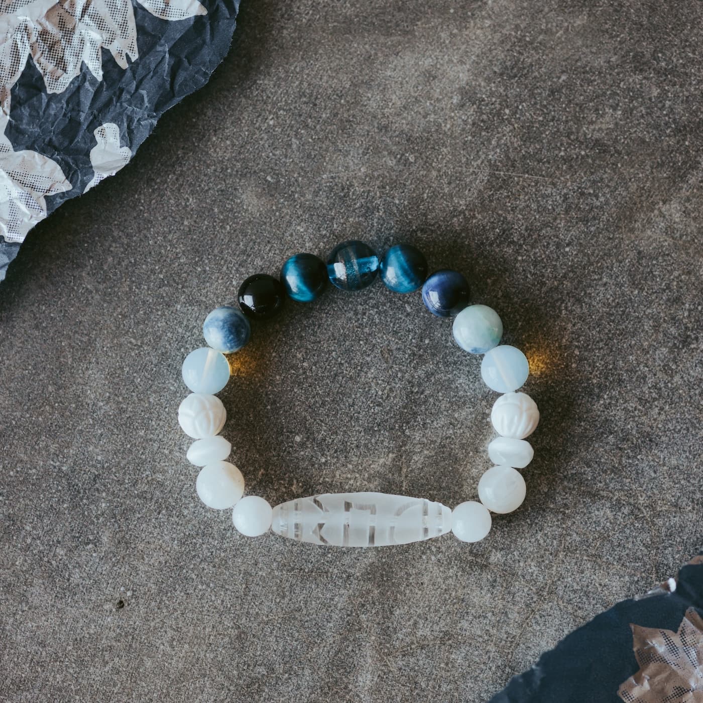 Aquamarine and moonstone dzi bracelet
